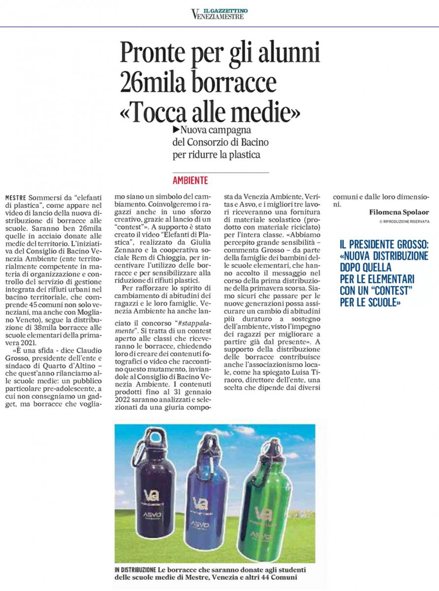 Gazzettino pronte 26000 borracce Venezia Ambiente tocca alle medie