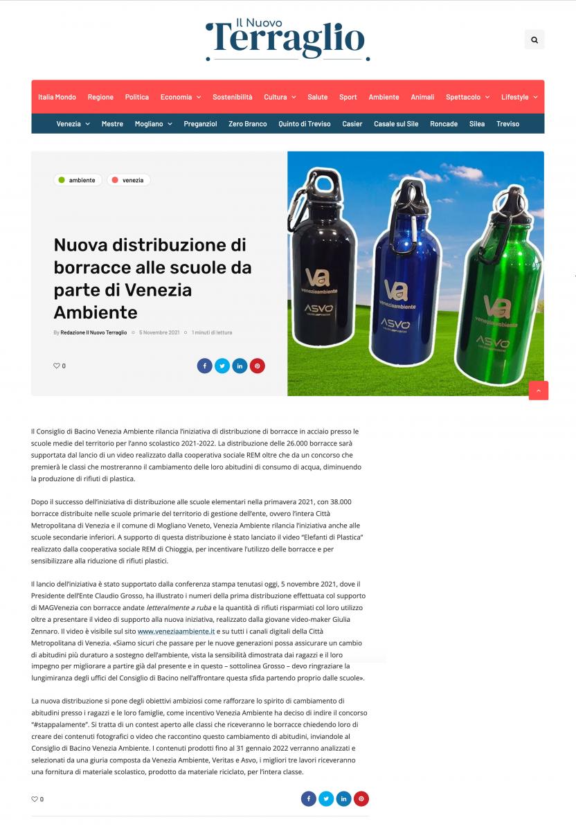 ilNuovo Terraglio nuova distribuzione di borracce alle scuole da parte di Venezia Ambiente